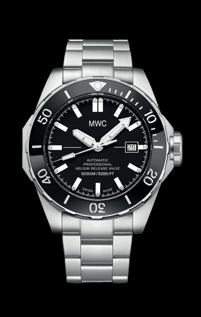 MWC 100ATM / 3.280 ft / 1000 m waterbestendig duikhorloge Roestvrijstalen kast met heliumventiel en bijpassende armband 100% Zwitsers gemaakt met Sellita SW200 26-juwelen automatisch uurwerk