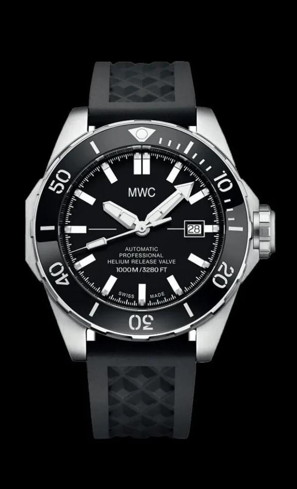 MWC 100atm / 3.280ft / 1000m waterbestendig duikhorloge in roestvrijstalen kast met heliumventiel op siliconen band / 100% Zwitsers gemaakt met een Sellita SW200 26 Jewel automatisch uurwerk