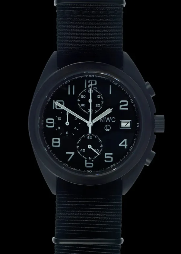 MWC Mechanisch/Quartz Hybride NATO Patroon Militaire Piloten Chronograaf in Niet Reflecterende Zwarte PVD Afwerking met Saffier Kristal