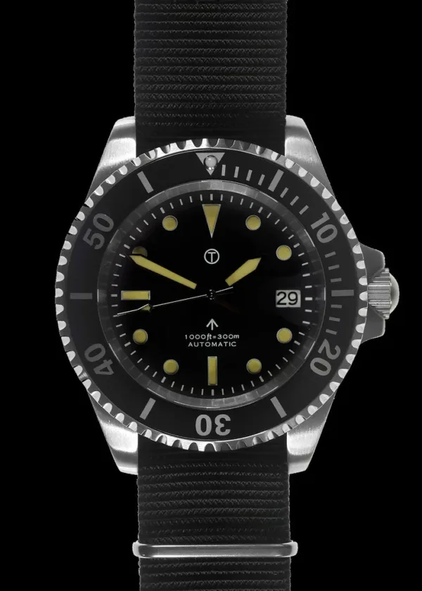 MWC 21 Jewel 1980s patroon 300m automatisch militair duikhorloge met saffierglas en een zwarte en grijze NATO-band